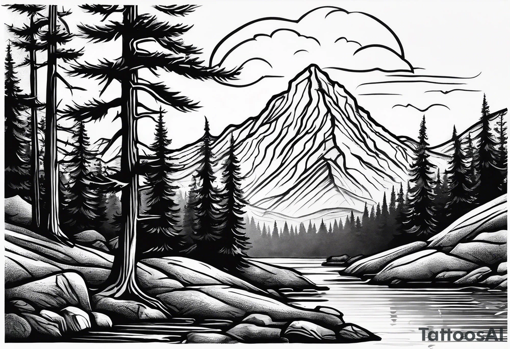 Small campfire in the center, right side: an evergreen tall tree, left side: mountain stream tattoo idea