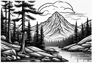 Small campfire in the center, right side: an evergreen tall tree, left side: mountain stream tattoo idea