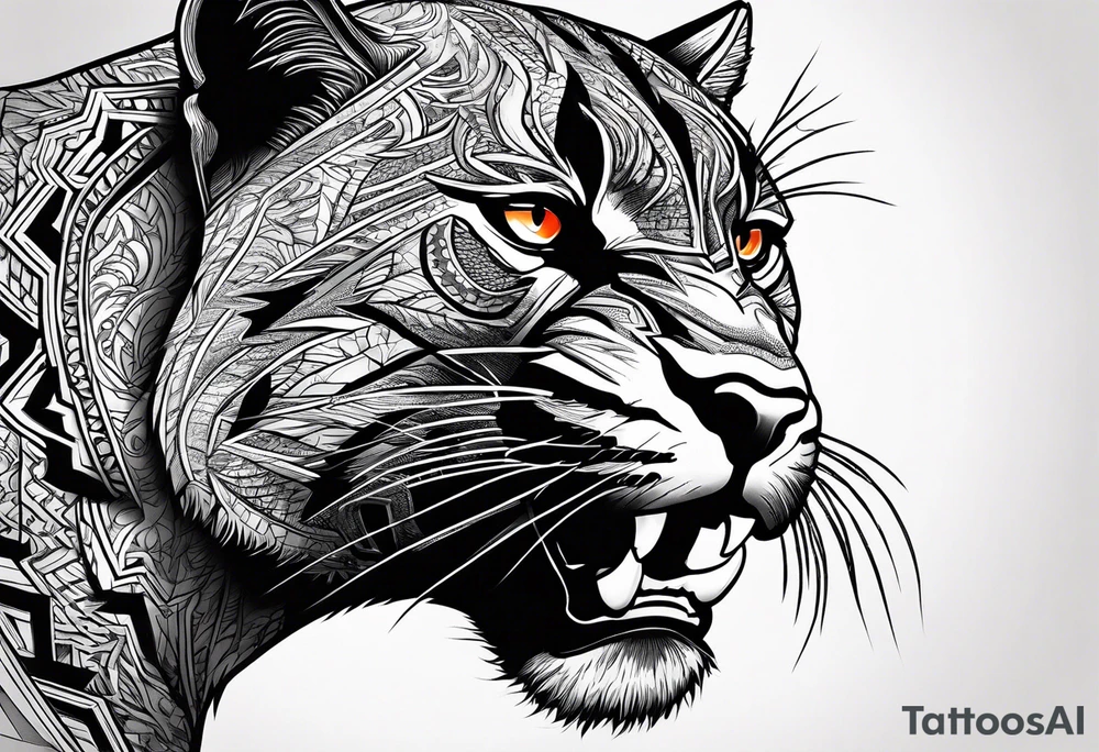 Slight side angle of Facial facing left of an angry black panther animal with red-orange eyes tattoo idea