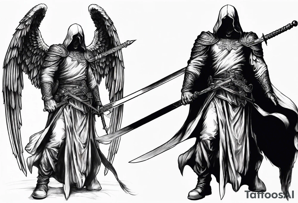 realistic angel of death, man, full body, no face visible, holding one sword, sword vertically pointing downwards tattoo idea