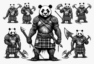 Full body Scottish warrior panda with battle axe and Mclean tartan tattoo idea