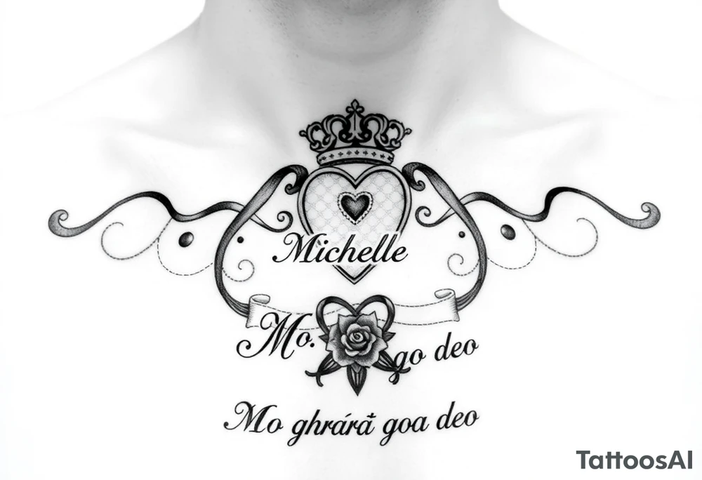 Claddagh places on a man’s chest. Name Michelle placed between the heart and the crown. Irish rose and Celtic knot incorporated into the design. Mo ghrá go deo written at the very bottom. tattoo idea