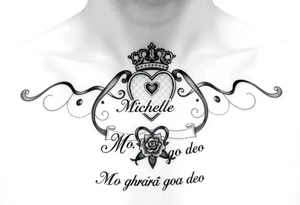 Claddagh places on a man’s chest. Name Michelle placed between the heart and the crown. Irish rose and Celtic knot incorporated into the design. Mo ghrá go deo written at the very bottom. tattoo idea
