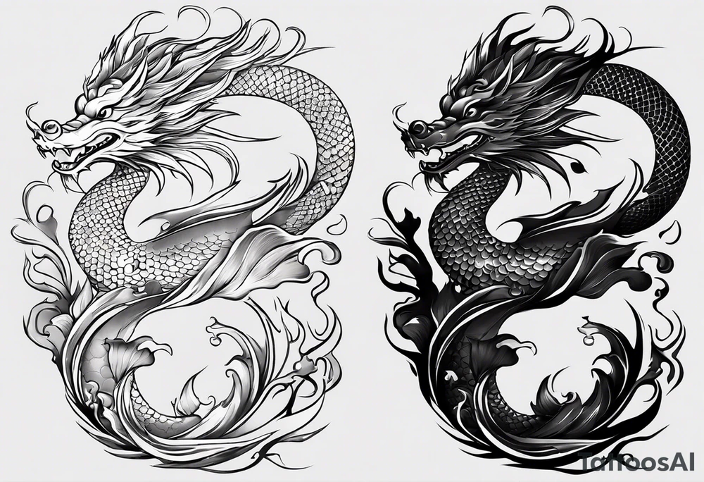 I'm seeking a tattoo design that combines the majestic imagery of dragons with the graceful beauty of koi fish. The dragons should represent strength, power, and resilience, while the koi fish symbolize perseverance and the ability to overcome adversity.

I envision a scene where the dragons and koi fish are intertwined, perhaps in a dynamic pose that suggests movement and determination. The dragons could be depicted in a fierce yet elegant manner, with intricate details such as scales and flowing mane-like features. Meanwhile, the koi fish should exude a sense of fluidity and grace, swimming fearlessly alongside the dragons.

In terms of composition, I'd love for the dragons and koi fish to interact harmoniously, perhaps with the dragons offering protection or guidance to the koi fish as they navigate turbulent waters. Elements like swirling waves or cascading waterfalls could further enhance the symbolism of overcoming obstacles.

Overall, I'm looking for a design that is both visually striking and meaningful, capturing the essence of strength and resilience in the face of challenges. I'm open to artistic interpretations and creative flourishes that bring this concept to life in a unique and compelling way tattoo idea