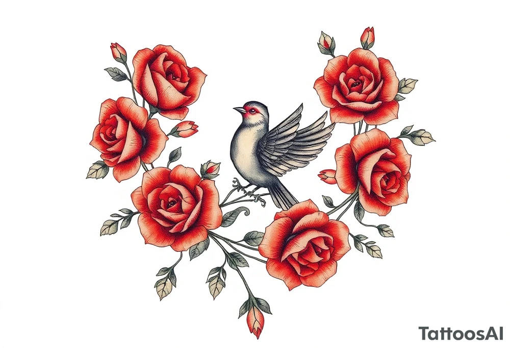 Vintage lace, red roses, red bird, vintage, wrap around, tighter together, no space open tattoo idea