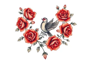 Vintage lace, red roses, red bird, vintage, wrap around, tighter together, no space open tattoo idea