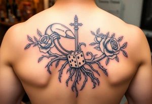 squid, knight intertwined with roses and tree roots rolling dice tattoo idea