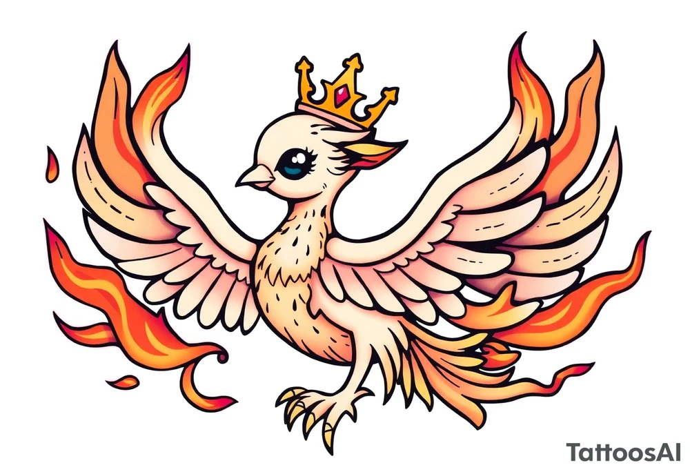 cute cartoon Phoenix with crown, surrounded by flames tattoo idea