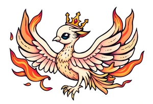 cute cartoon Phoenix with crown, surrounded by flames tattoo idea