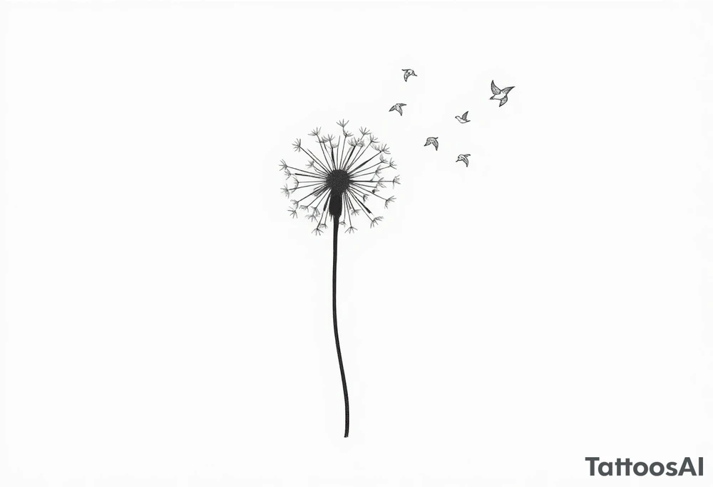 Dandelion tattoo representing motherhood, blowing in the wind giving myself to the next generation. Five birds for my children and two white birds for the children I lost. Whimsical and fine line. More artistic and soft. Still not right. Try again tattoo idea