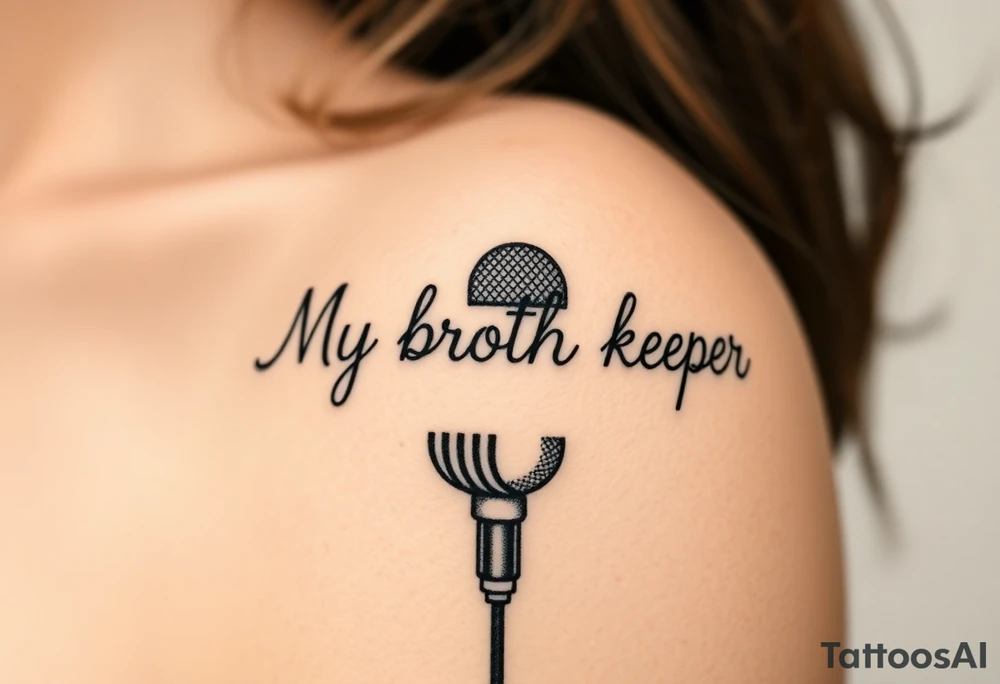 A microphone with the words “My brothers keeper” with the microphone cord looking like it’s actually writing the words . For a female and small tattoo idea
