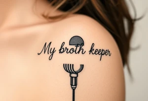 A microphone with the words “My brothers keeper” with the microphone cord looking like it’s actually writing the words . For a female and small tattoo idea