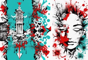 Xoil and Banksy art style, latin america, abstract,  cyan and red, acquarel, fractal, science, tattoo idea