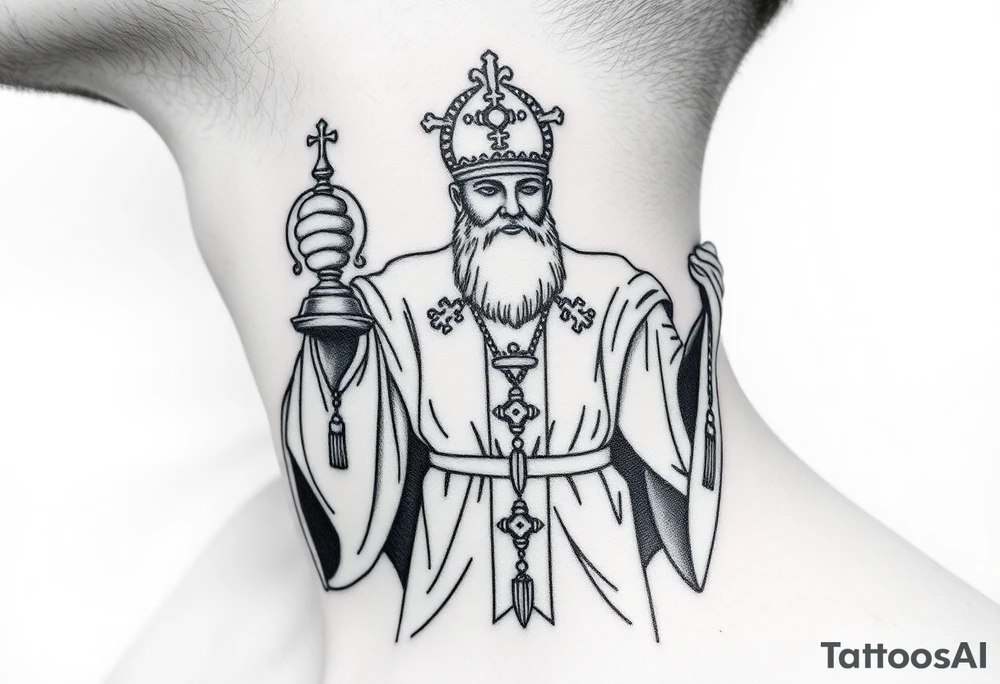 russian orthodox priest in a fully detailed garment swinging censer chains tattoo idea