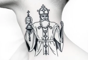 russian orthodox priest in a fully detailed garment swinging censer chains tattoo idea