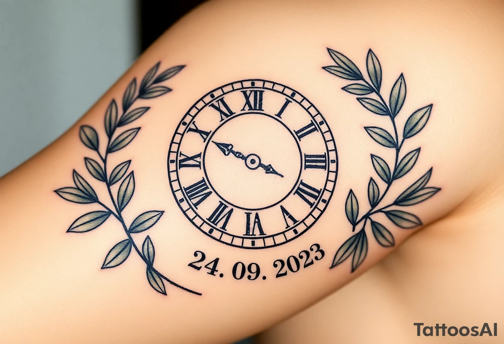 A Roman numeral clock surrounded by olive branches, included baby´s name "Boris" and birth date "24. 09. 2023 in muted green and gold tattoo idea