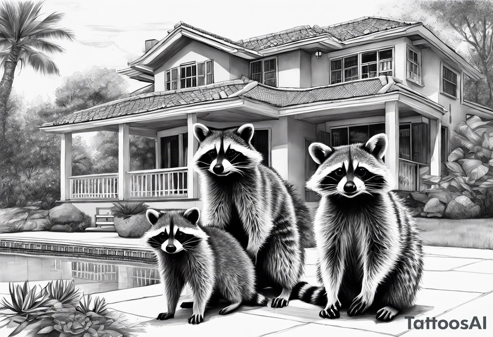 Raccoon Family in Front of her New villa with Pool.
The Husband hast Tools in His Hands.
The wife holds a cake.
The Childs plays with a ball tattoo idea