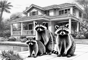 Raccoon Family in Front of her New villa with Pool.
The Husband hast Tools in His Hands.
The wife holds a cake.
The Childs plays with a ball tattoo idea