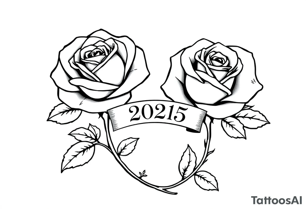 two beautiful large rose buds, one larger than the other, with many leaves next to the rose buds, with one sitting higher than the other. Include a banner connecting the two roses with the year "2025" on it.   Use dark outlines with little shading. The two stems should be short, not long, and connect and join into one stem, whimsically curved or twisted - not straight down. tattoo idea