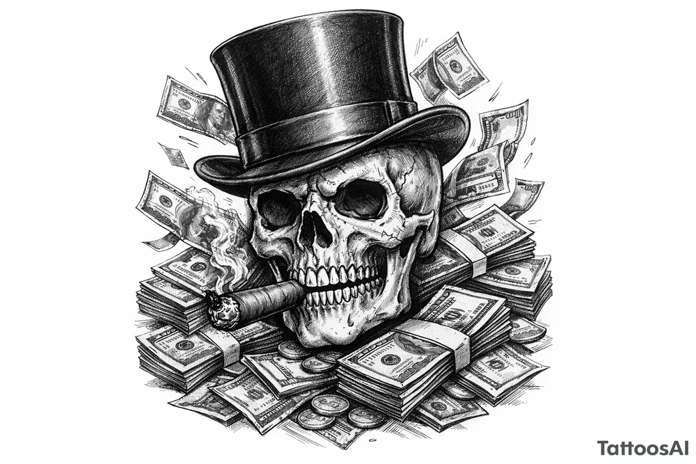 skull with cigar in mouth,top-hat,surrounded by money. tattoo idea