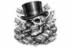 skull with cigar in mouth,top-hat,surrounded by money. tattoo idea
