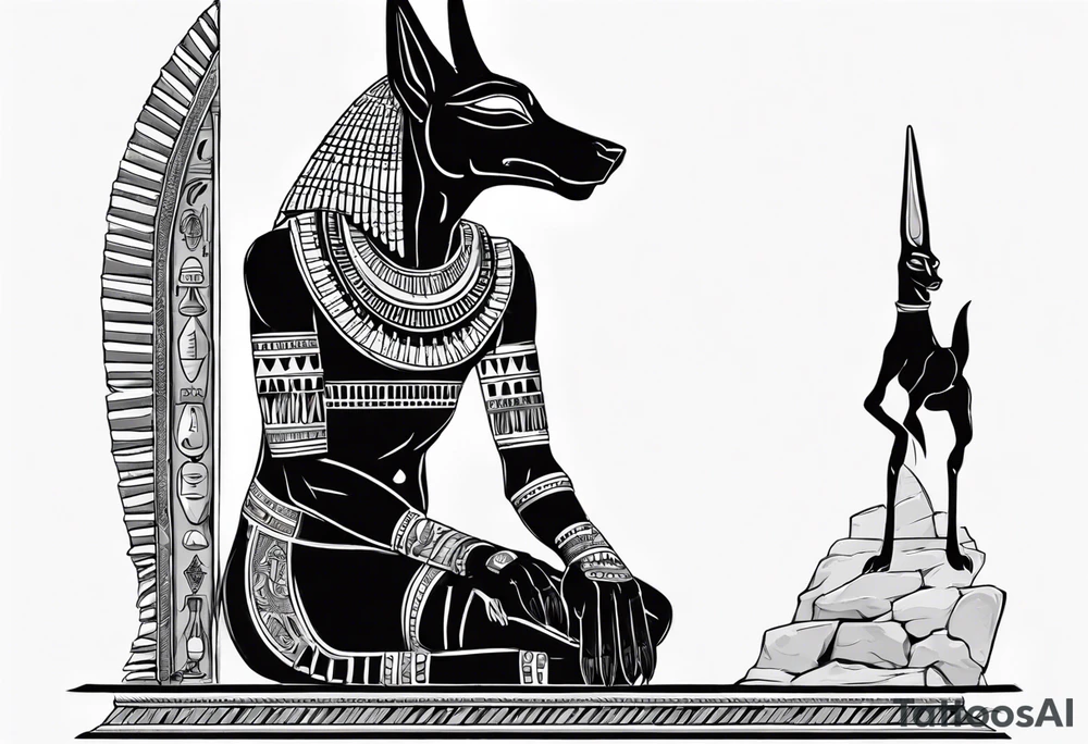 Anubis with some Egyptian mythology background that is 20 cm in length and 10 - 12 cm wide tattoo idea