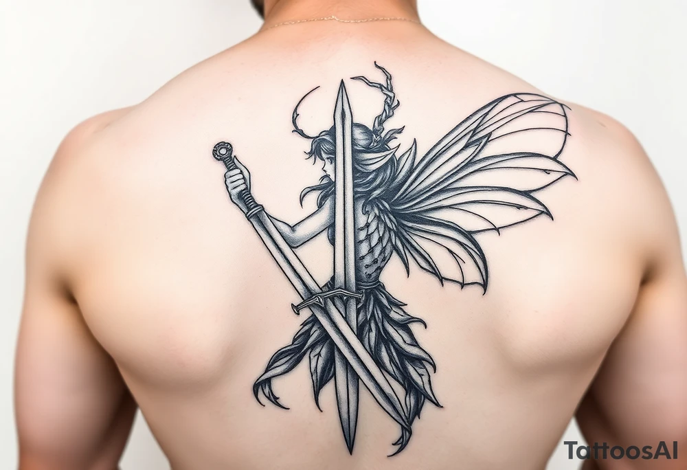 powerful fae fairy holding a sword at a battle big back peice tattoo idea