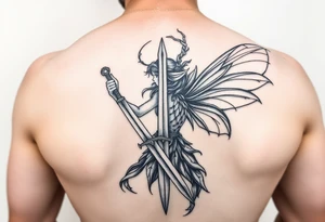 powerful fae fairy holding a sword at a battle big back peice tattoo idea