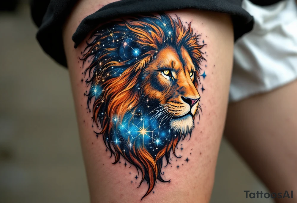 The Leo vivid star constellation is woven into the flowing mane of a copper-toned lion, with cosmic blues and silvers. tattoo idea