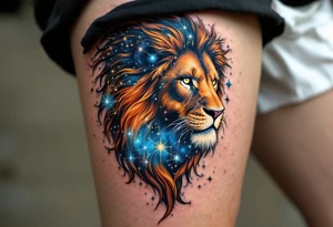 The Leo vivid star constellation is woven into the flowing mane of a copper-toned lion, with cosmic blues and silvers. tattoo idea