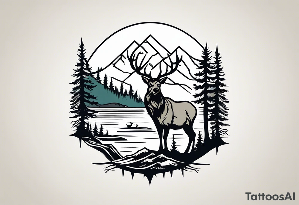 Elk water mountains rifle hunting trees birds deer bear tattoo idea