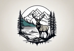 Elk water mountains rifle hunting trees birds deer bear tattoo idea