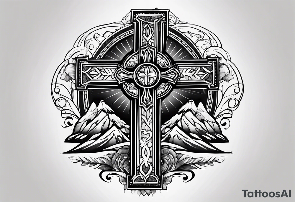 Cross with Mountains and the word "Cala" tattoo idea