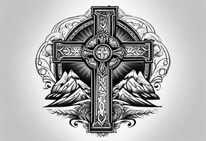 Cross with Mountains and the word "Cala" tattoo idea