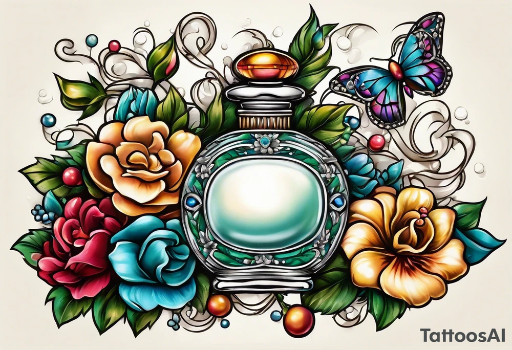 Pearl necklace wrapped around 1950s perfume bottle with flowers and bows surrounding tattoo idea
