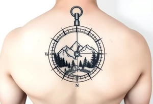Open compass, bottom half with mountains, trees, stream, and tent. The S of the compass should be a fishing lure tattoo idea