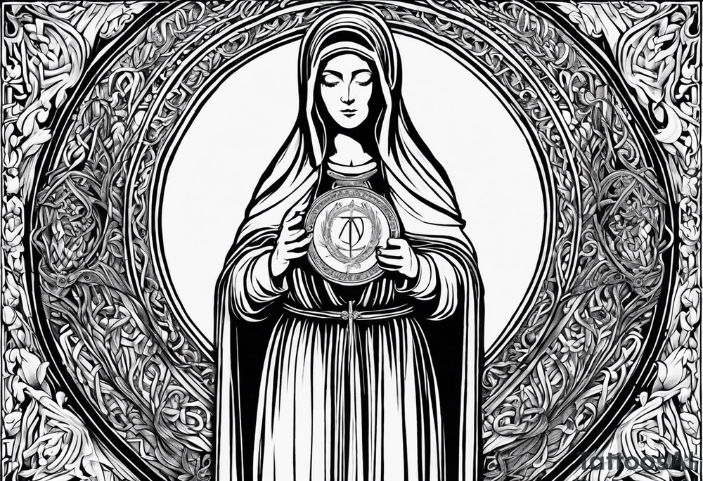 A full back piece themed on the surname mcbride and the irish saint bridget. It should take inspiration from artwork of saint bridget holding fire in her hands. It should have the text Vincit Pericula Virtus on it tattoo idea