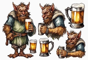 a medieval Bugbear wearing a tunic and drinking from a pewter mug of beer tattoo idea