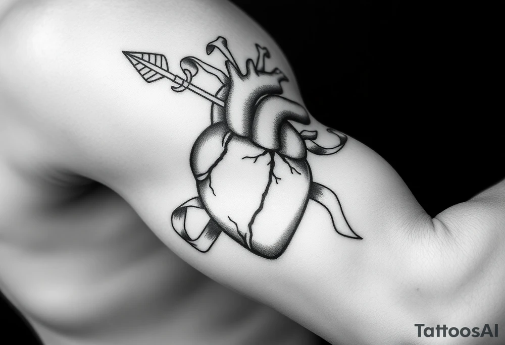 anatomical heart pierced by ornate arrow with flowing ribbons tattoo idea