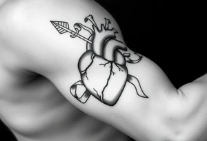 anatomical heart pierced by ornate arrow with flowing ribbons tattoo idea