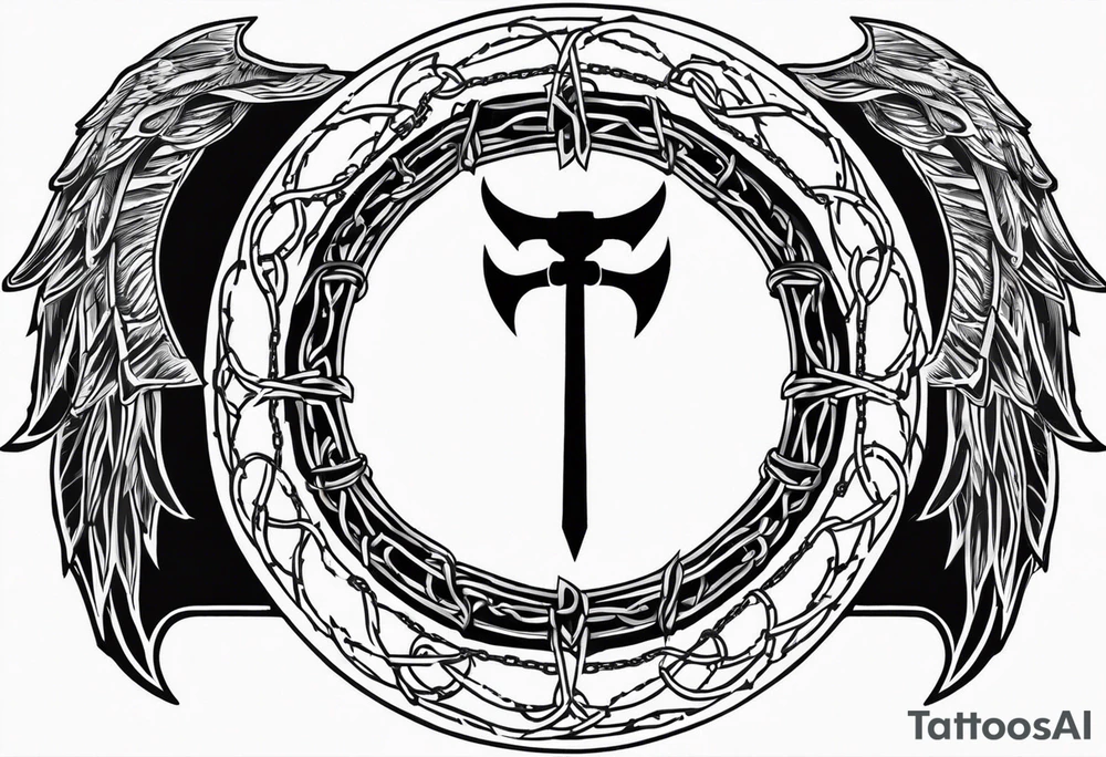 Valhalla round shield axe barbed wire chains tattoo idea