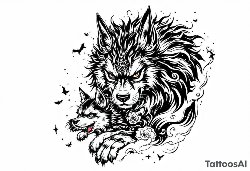 Japanese Fô dog with baby Fô dog under her paw with wind elements around tattoo idea