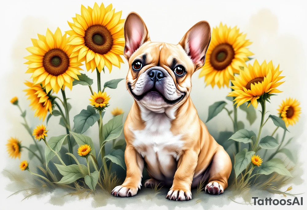 French Bulldog in sunflowers, smiling and sitting among tall golden yellow sunflowers, light tan fur with white paws. tattoo idea