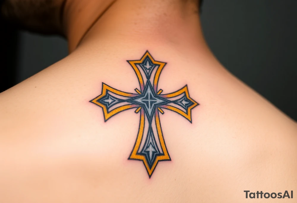 A metallic silver Templar cross with a golden outline, designed in a 3D engraving style for a regal look. tattoo idea