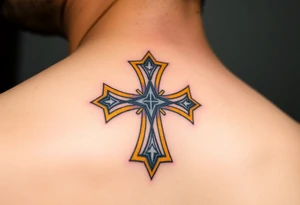 A metallic silver Templar cross with a golden outline, designed in a 3D engraving style for a regal look. tattoo idea