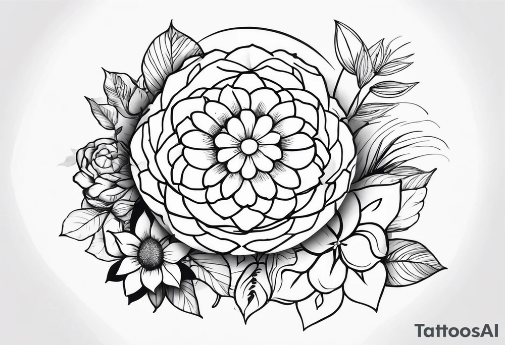 Com flores, tartaruga, tigre, sol, lua, borboletas tattoo idea