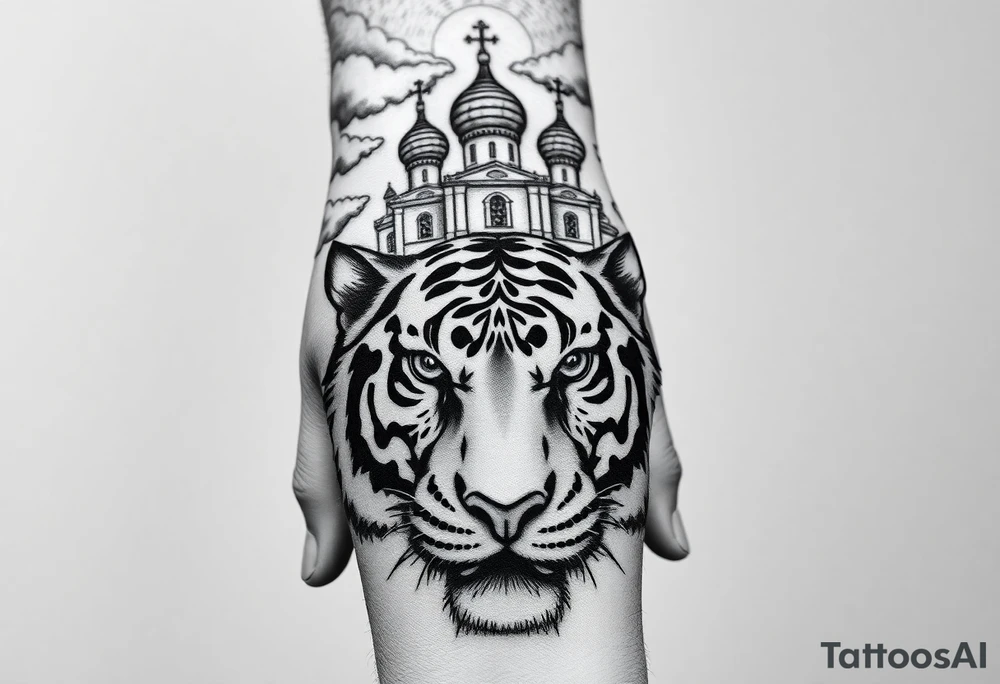 Realistic tiger face on the back of the hand with its eyes ALL black and no pupils, sitting beneath a Russian Orthodox cathedral sitting above on the top fore arm with onion domes and orthodox crosses. with clouds above and a virgin mary tattoo idea