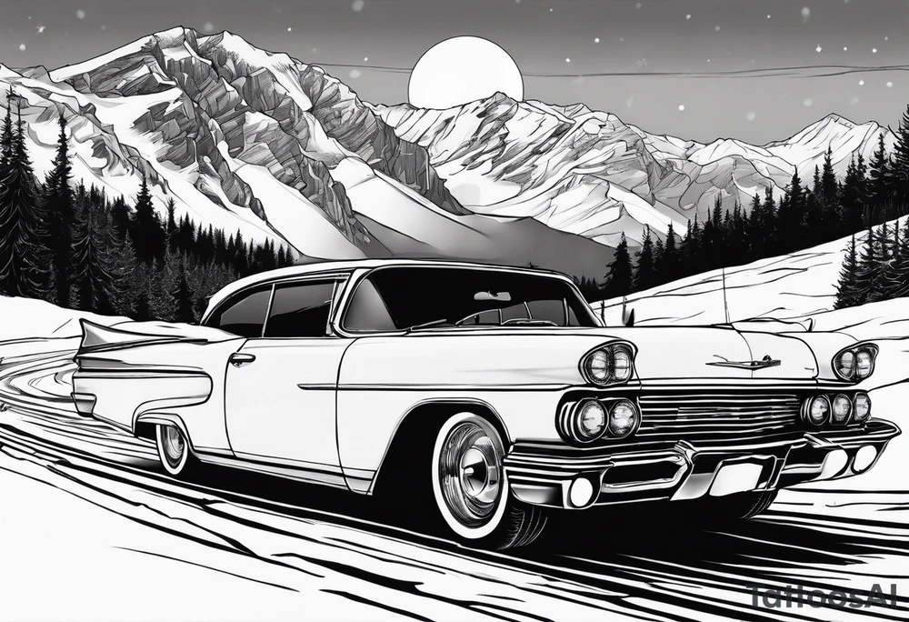 Peter bill driving through the snow with orange light striking behind it tattoo idea