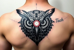 Owl head with large intense tripping on acid colored eyes without pupils, cyber style  and and geometry glowing circle on the forheadl tattoo idea