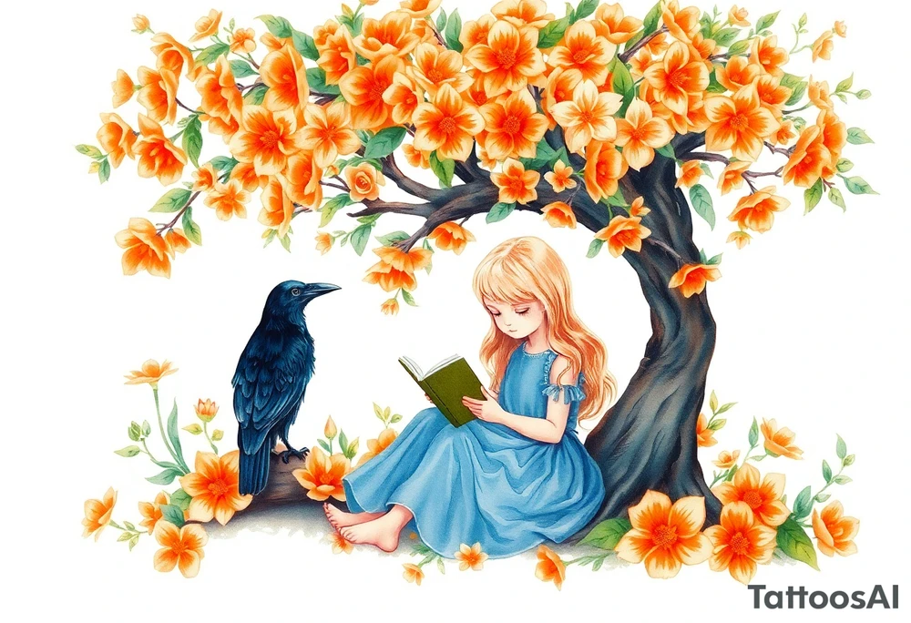 An orange tree full of flowers, a little blond girl wearing a blue dress sitting under it while reading. A raven watching her.


. tattoo idea
